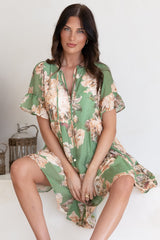 Abilia Mini Dress - Mandarin Collar Smock Dress in Kirah Print Green