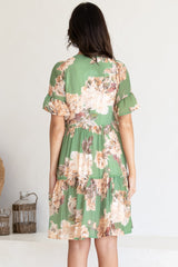 Abilia Mini Dress - Mandarin Collar Smock Dress in Kirah Print Green