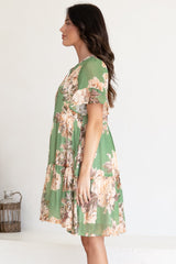 Abilia Mini Dress - Mandarin Collar Smock Dress in Kirah Print Green