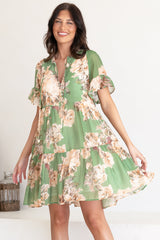 Abilia Mini Dress - Mandarin Collar Smock Dress in Kirah Print Green