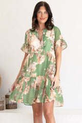 Abilia Mini Dress - Mandarin Collar Smock Dress in Kirah Print Green