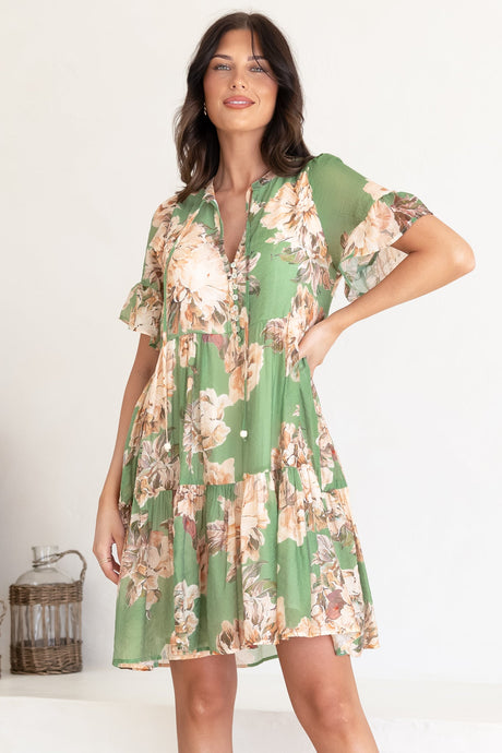 Abilia Mini Dress - Mandarin Collar Smock Dress in Kirah Print Green