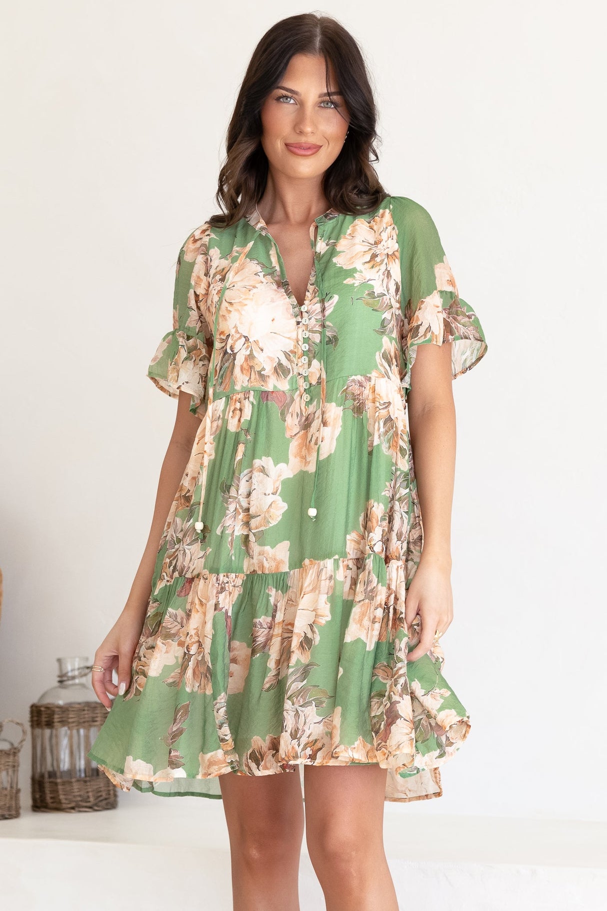Abilia Mini Dress - Mandarin Collar Smock Dress in Kirah Print Green