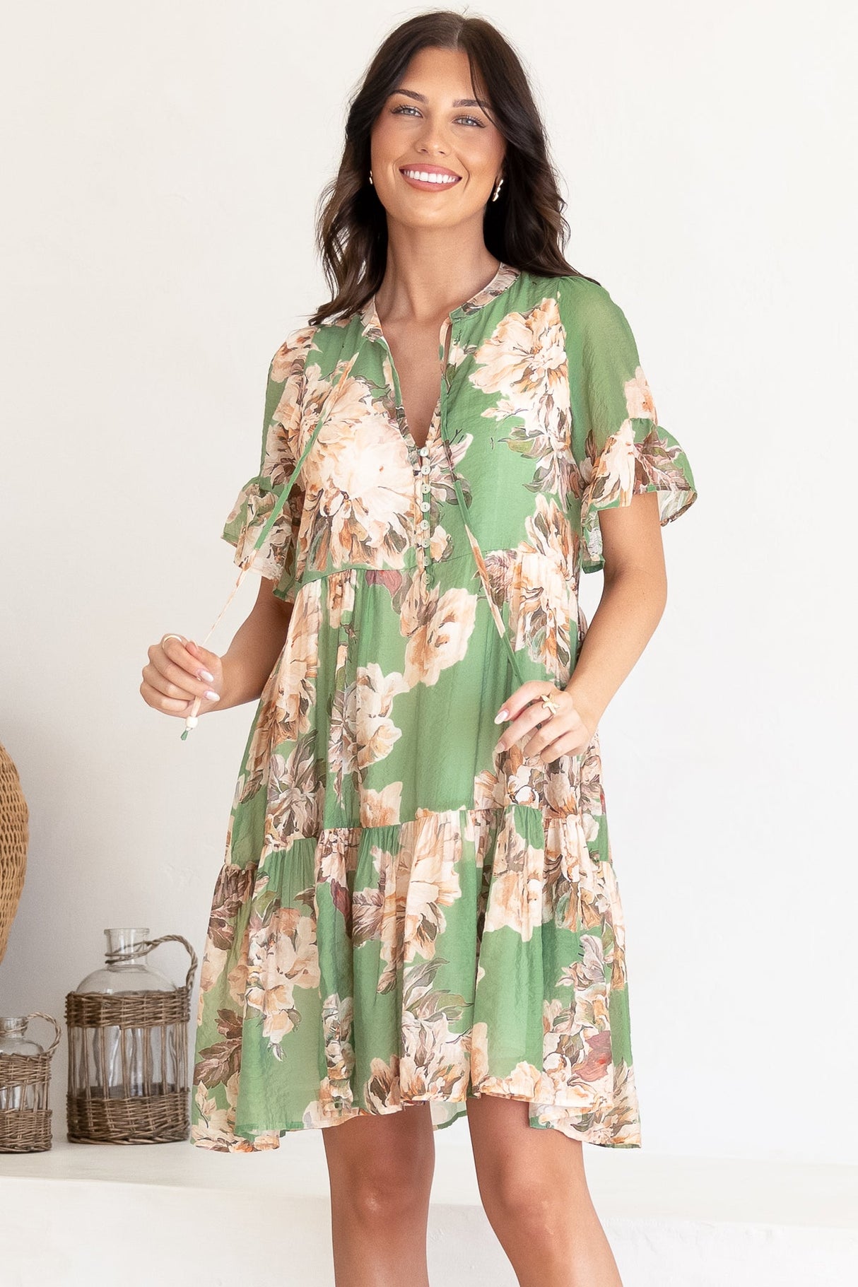 Abilia Mini Dress - Mandarin Collar Smock Dress in Kirah Print Green