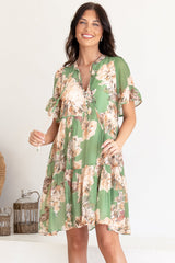 Abilia Mini Dress - Mandarin Collar Smock Dress in Kirah Print Green