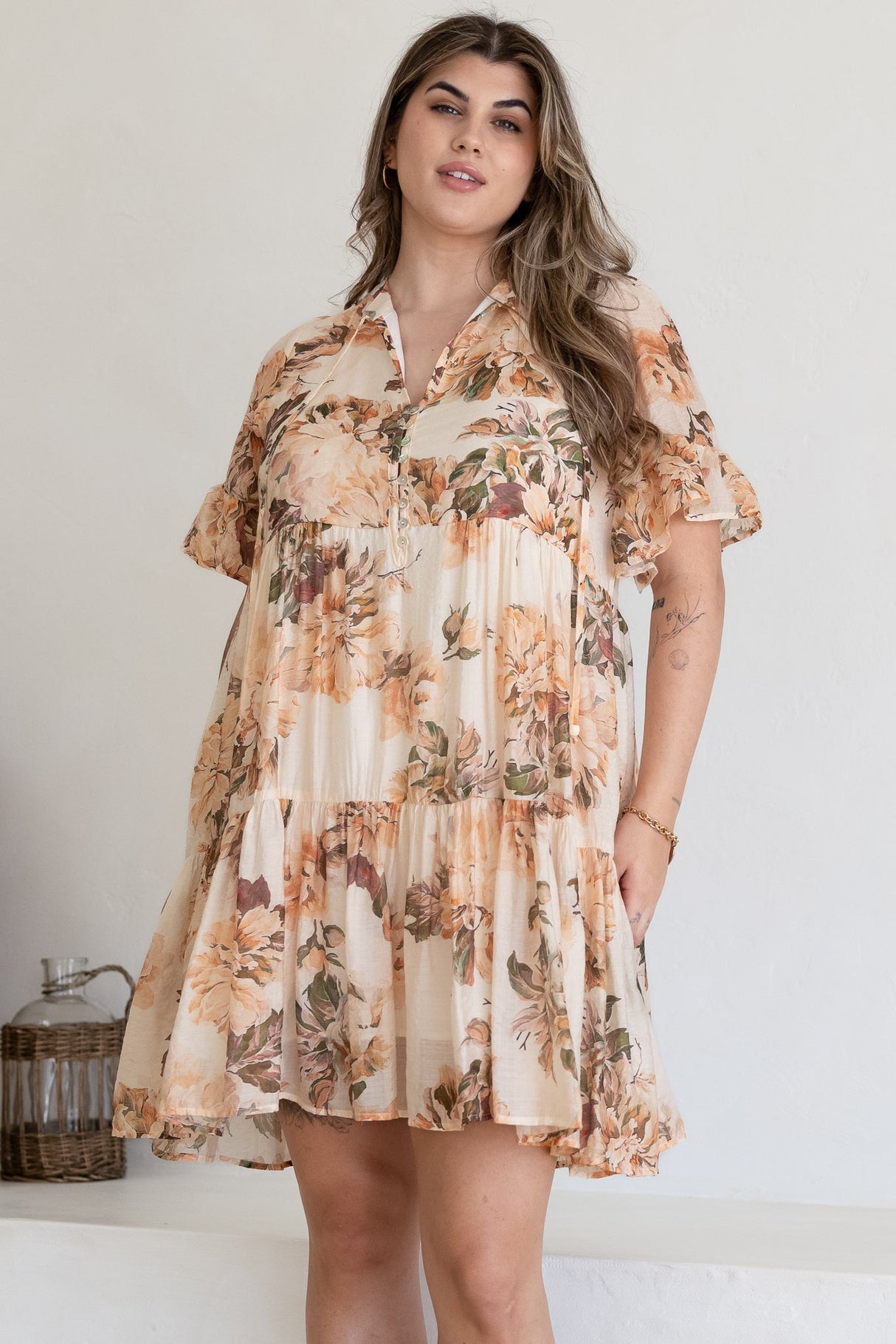 Abilia Mini Dress - Mandarin Collar Smock Dress in Kirah Print Peach