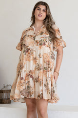 Abilia Mini Dress - Mandarin Collar Smock Dress in Kirah Print Peach