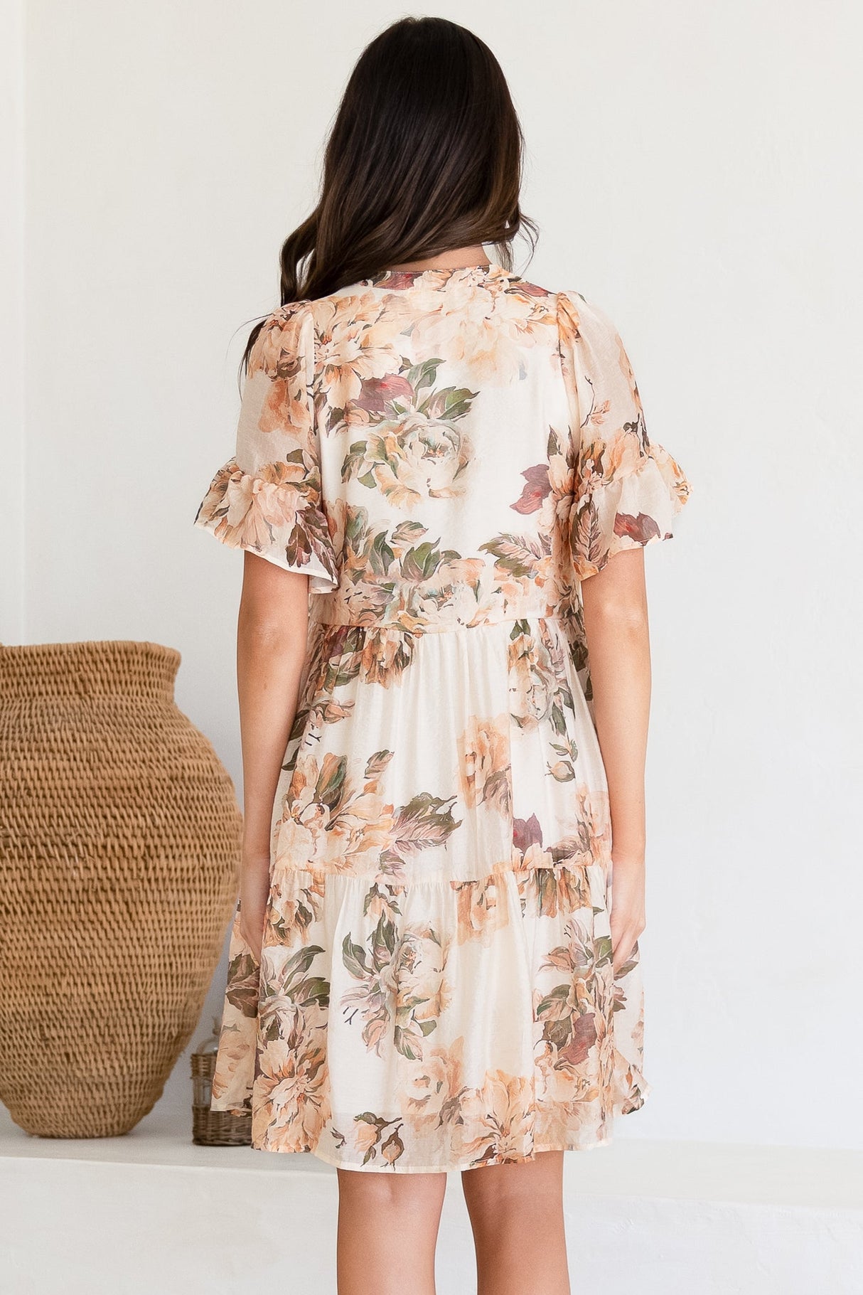 Abilia Mini Dress - Mandarin Collar Smock Dress in Kirah Print Peach