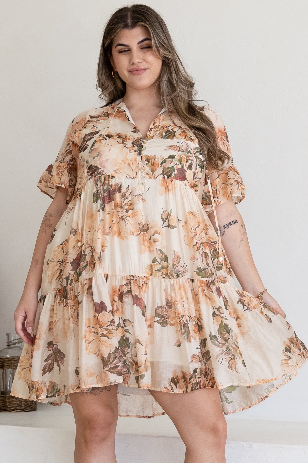Abilia Mini Dress - Mandarin Collar Smock Dress in Kirah Print Peach