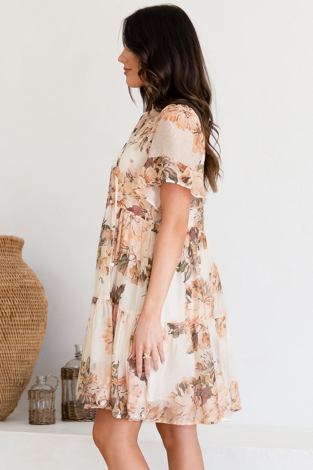 Abilia Mini Dress - Mandarin Collar Smock Dress in Kirah Print Peach