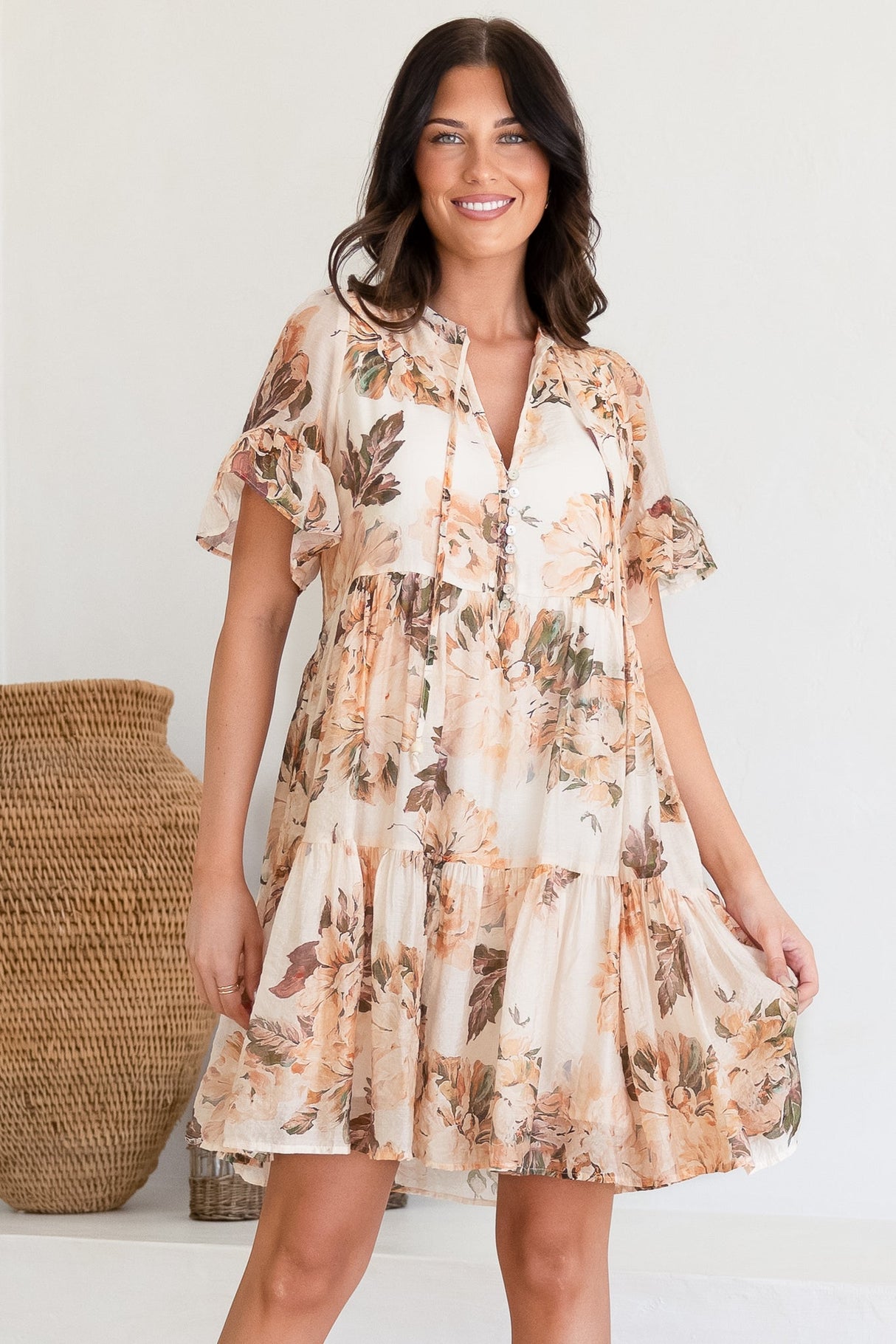 Abilia Mini Dress - Mandarin Collar Smock Dress in Kirah Print Peach