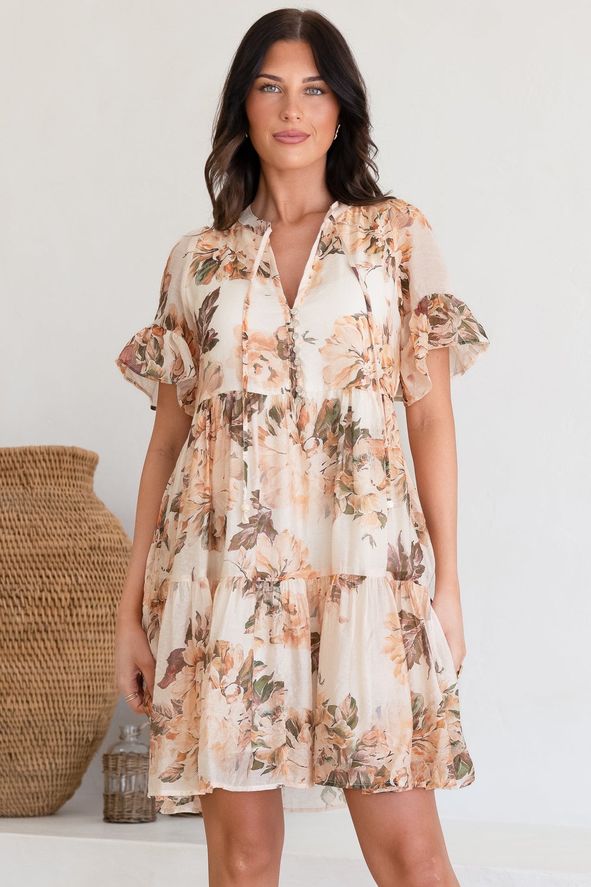 Abilia Mini Dress - Mandarin Collar Smock Dress in Kirah Print Peach