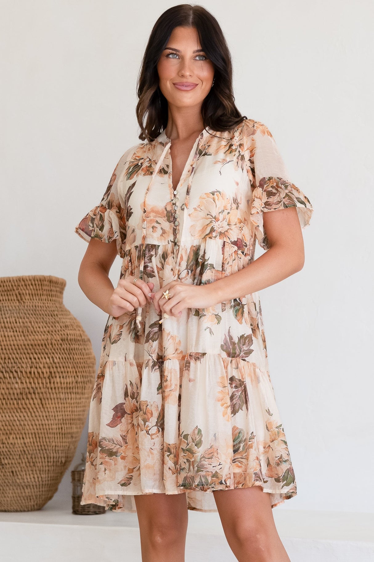 Abilia Mini Dress - Mandarin Collar Smock Dress in Kirah Print Peach