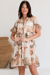 Abilia Mini Dress - Mandarin Collar Smock Dress in Kirah Print Peach