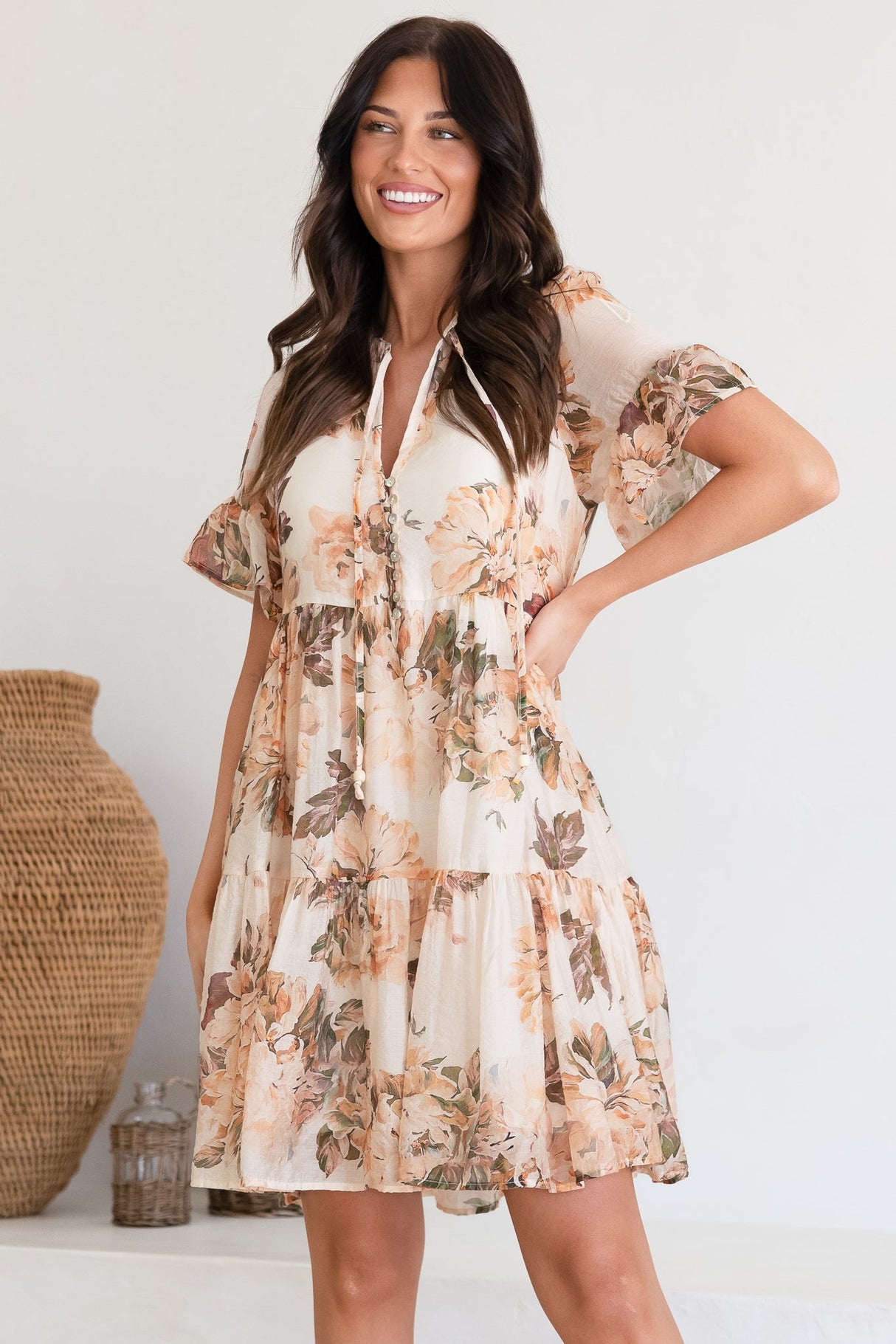 Abilia Mini Dress - Mandarin Collar Smock Dress in Kirah Print Peach