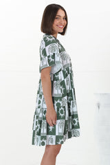 Abilia Mini Dress - Mandarin Collar Buttoned Bodice Smock Dress in Layah Print Green