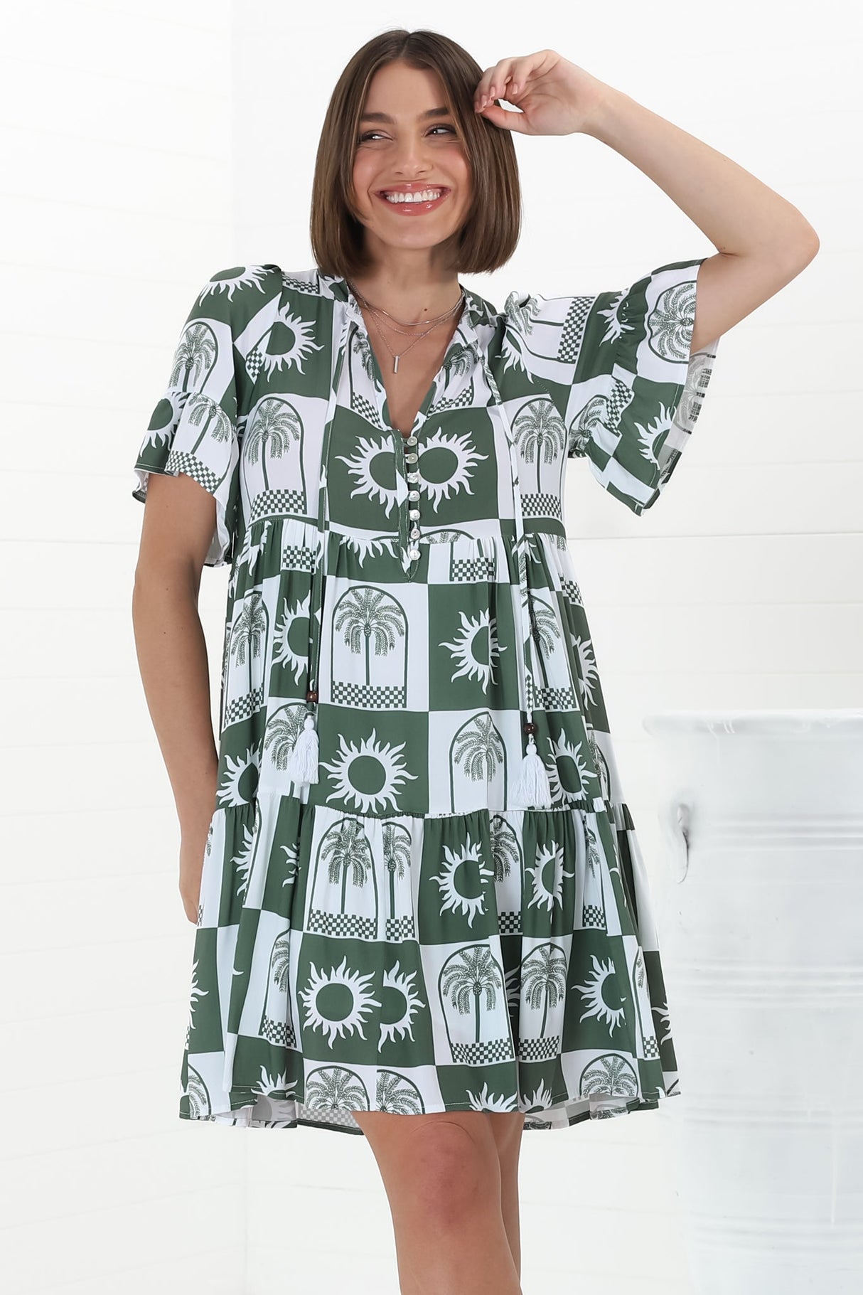 Abilia Mini Dress - Mandarin Collar Buttoned Bodice Smock Dress in Layah Print Green