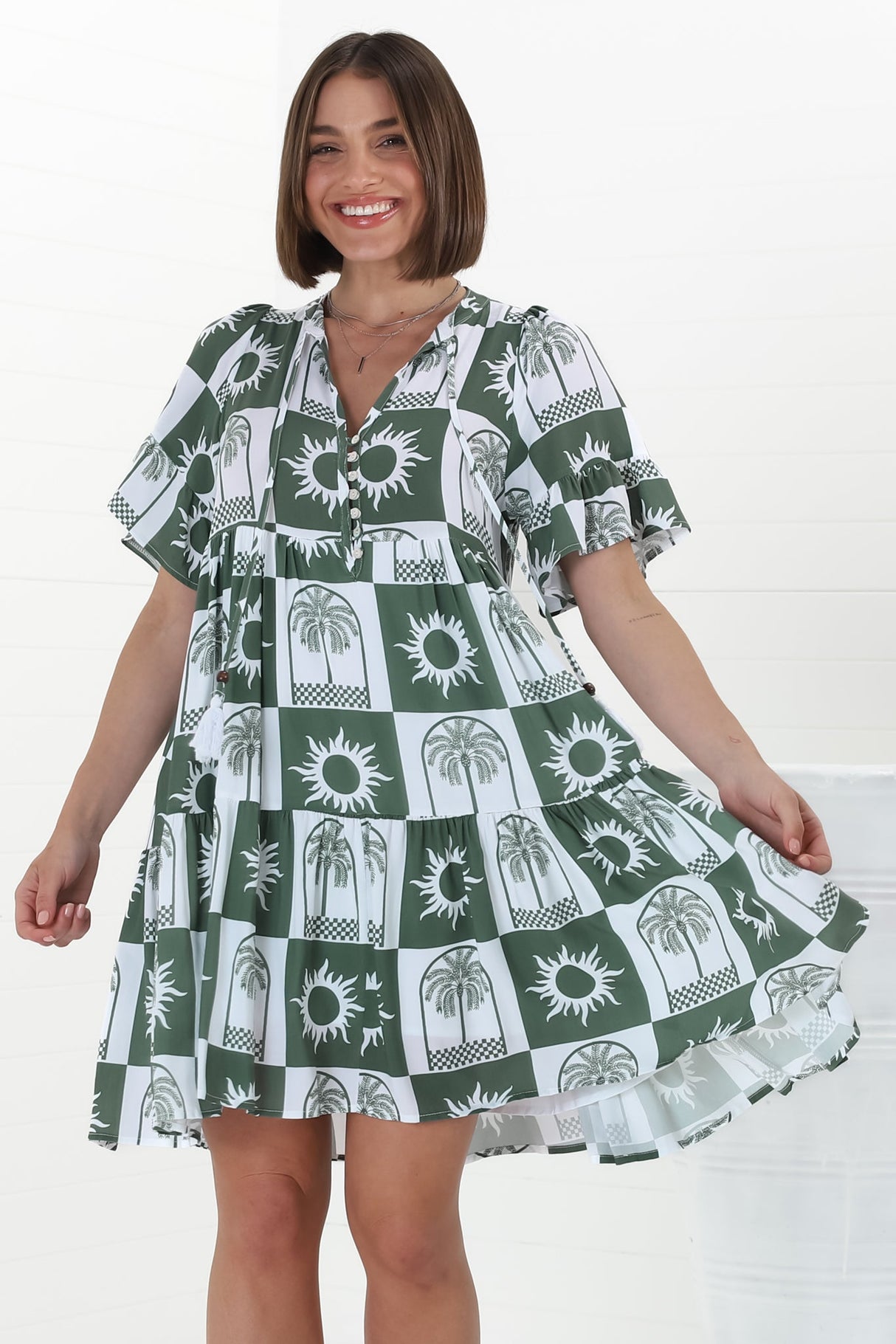 Abilia Mini Dress - Mandarin Collar Buttoned Bodice Smock Dress in Layah Print Green