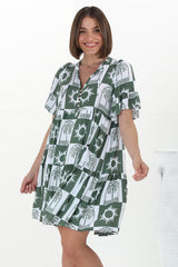 Abilia Mini Dress - Mandarin Collar Buttoned Bodice Smock Dress in Layah Print Green