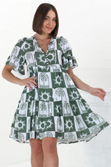 Abilia Mini Dress - Mandarin Collar Buttoned Bodice Smock Dress in Layah Print Green