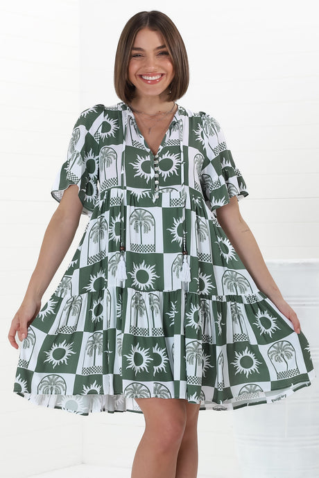 Abilia Mini Dress - Mandarin Collar Buttoned Bodice Smock Dress in Layah Print Green