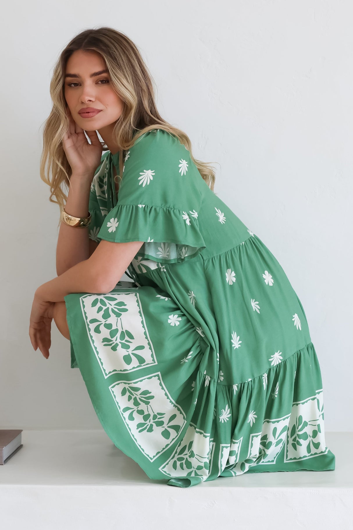Abilia Mini Dress - Mandarin Collar Smock Dress in Lucinda Print Green
