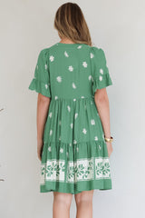 Abilia Mini Dress - Mandarin Collar Smock Dress in Lucinda Print Green