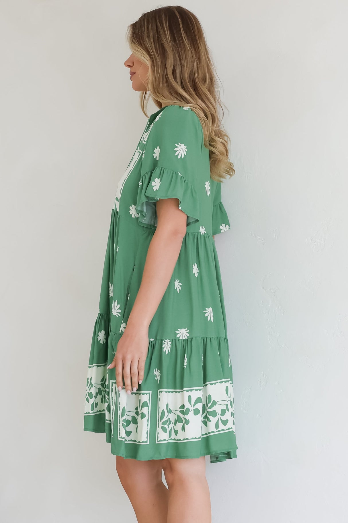 Abilia Mini Dress - Mandarin Collar Smock Dress in Lucinda Print Green