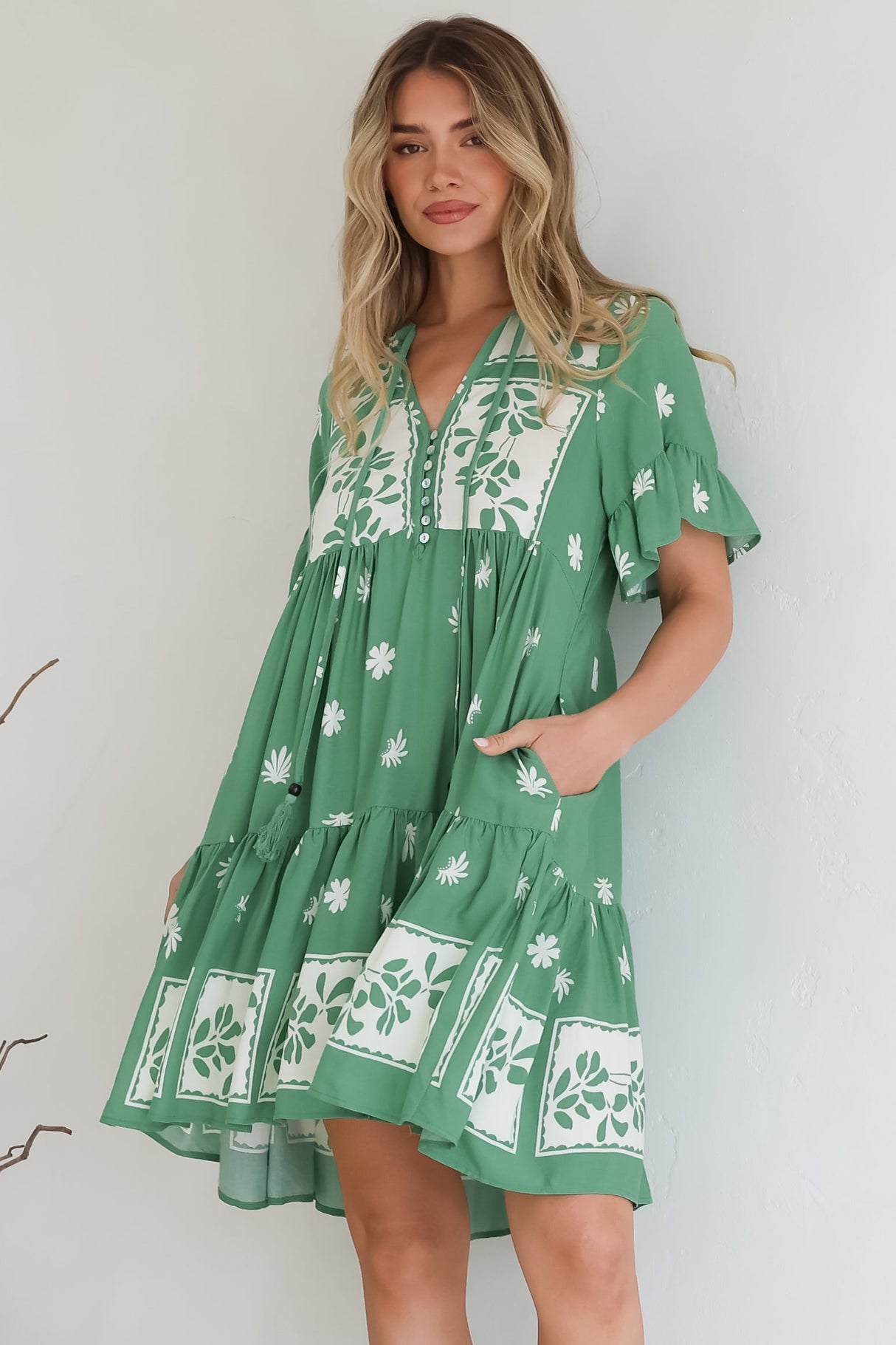 Abilia Mini Dress - Mandarin Collar Smock Dress in Lucinda Print Green