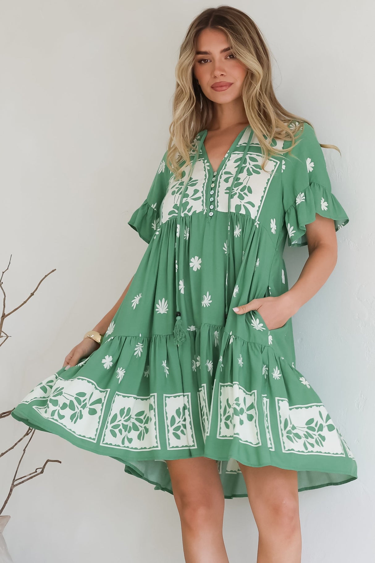 Abilia Mini Dress - Mandarin Collar Smock Dress in Lucinda Print Green