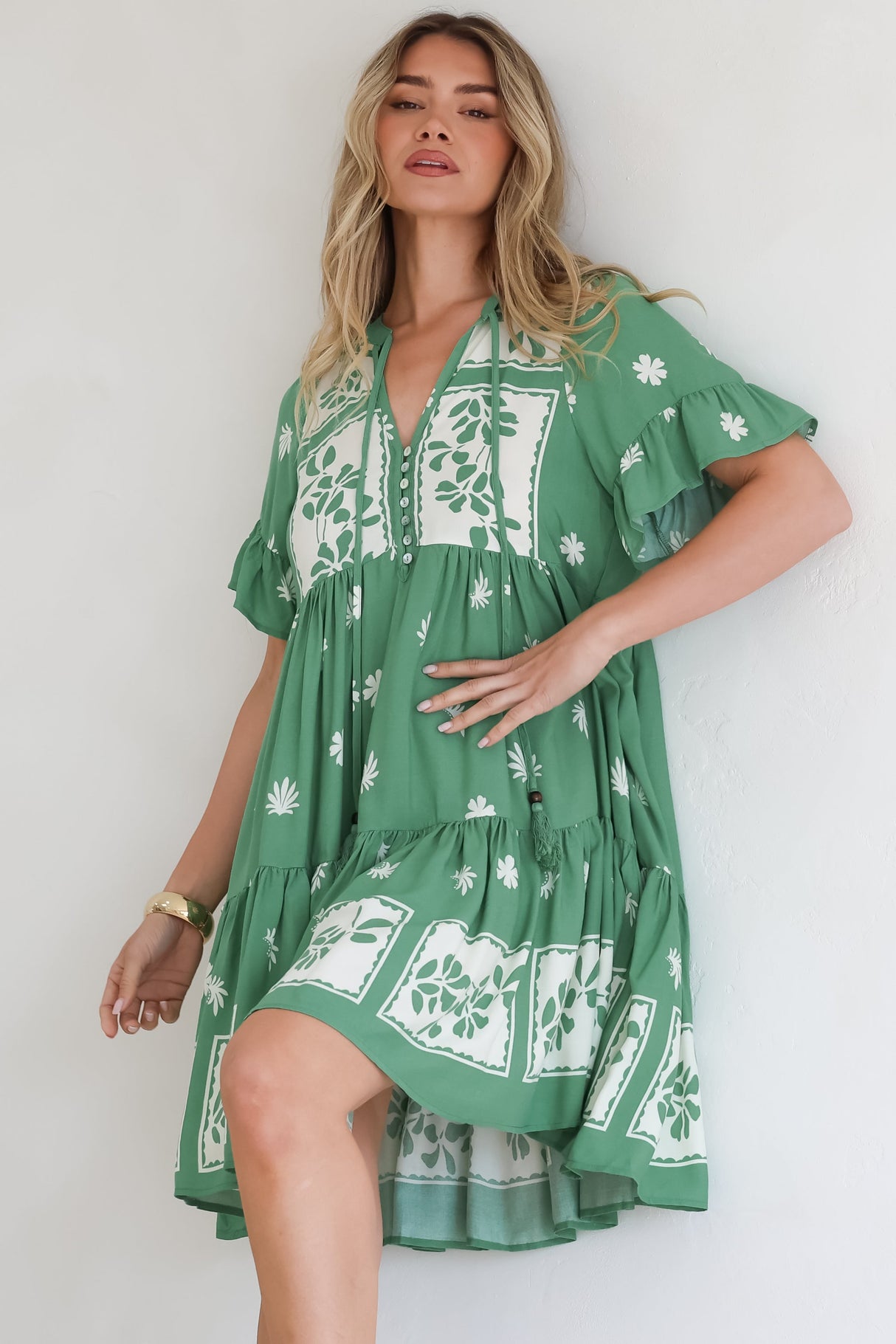 Abilia Mini Dress - Mandarin Collar Smock Dress in Lucinda Print Green