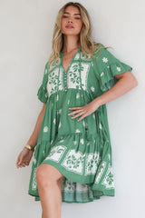 Abilia Mini Dress - Mandarin Collar Smock Dress in Lucinda Print Green