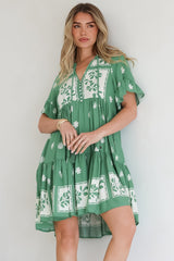 Abilia Mini Dress - Mandarin Collar Smock Dress in Lucinda Print Green