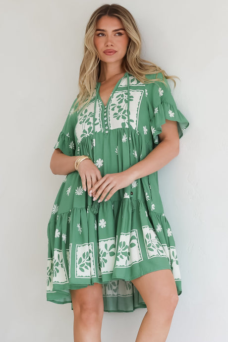 Abilia Mini Dress - Mandarin Collar Smock Dress in Lucinda Print Green