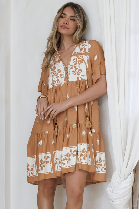 Abilia Mini Dress - Mandarin Collar Smock Dress in Lucinda Print Tan
