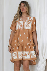 Abilia Mini Dress - Mandarin Collar Smock Dress in Lucinda Print Tan