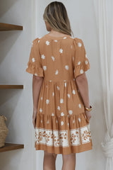 Abilia Mini Dress - Mandarin Collar Smock Dress in Lucinda Print Tan