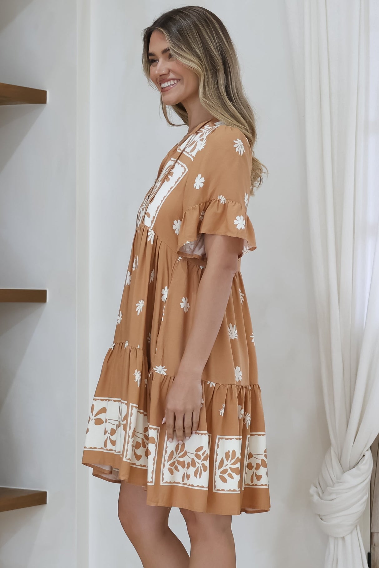 Abilia Mini Dress - Mandarin Collar Smock Dress in Lucinda Print Tan
