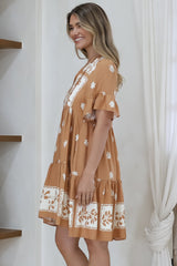Abilia Mini Dress - Mandarin Collar Smock Dress in Lucinda Print Tan