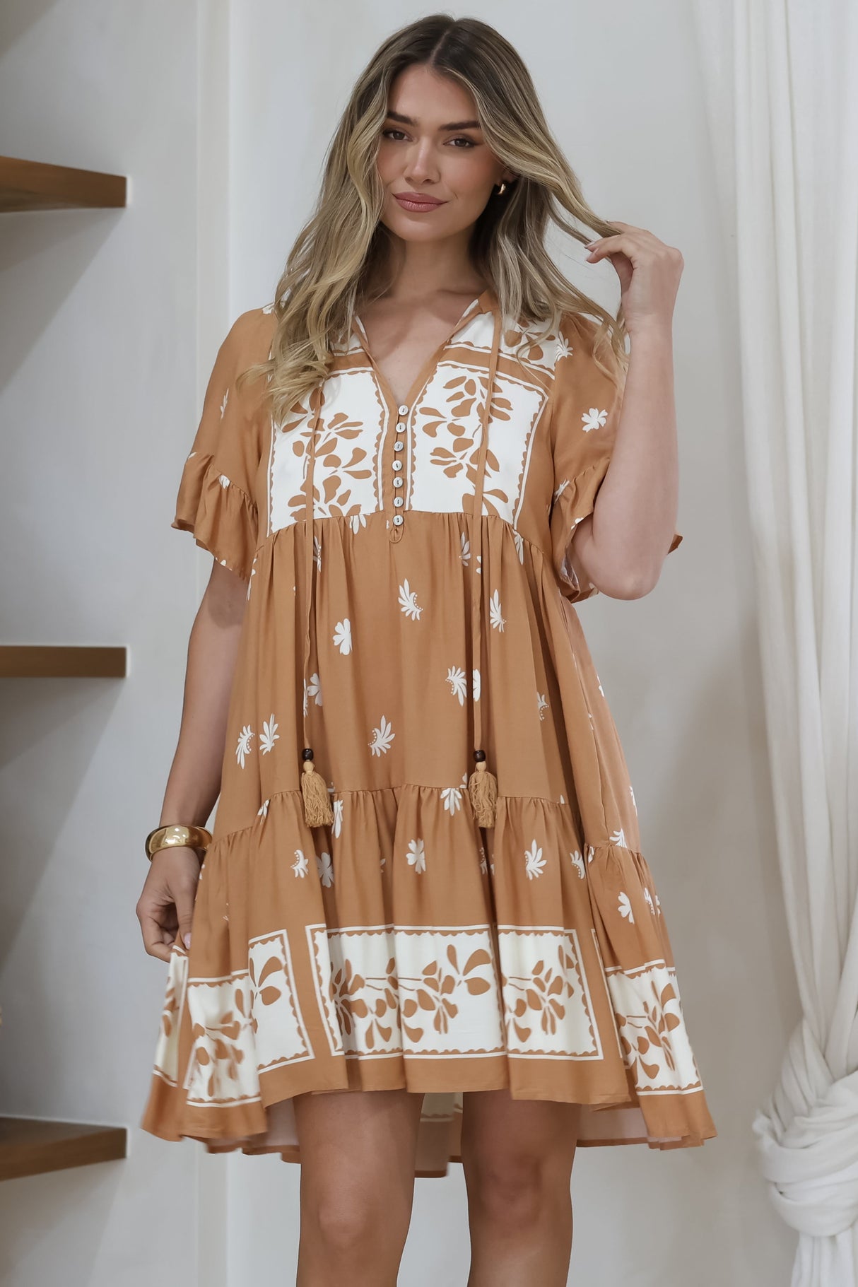 Abilia Mini Dress - Mandarin Collar Smock Dress in Lucinda Print Tan