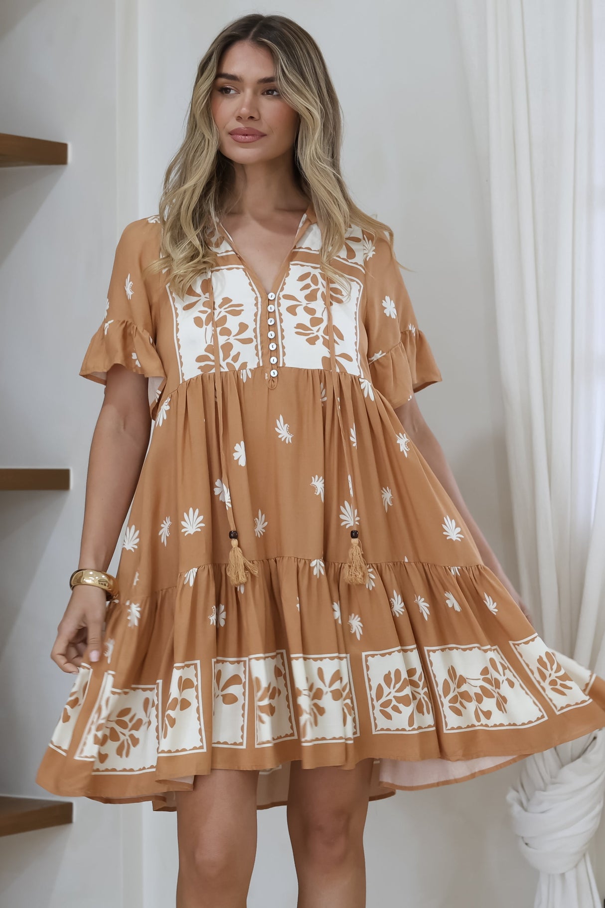 Abilia Mini Dress - Mandarin Collar Smock Dress in Lucinda Print Tan