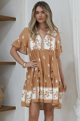 Abilia Mini Dress - Mandarin Collar Smock Dress in Lucinda Print Tan