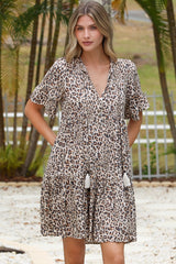 Abilia Mini Dress - Mandarin Collar Smock Dress in Perrie Print