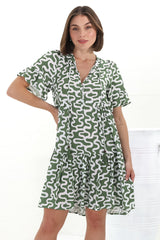 Abilia Mini Dress - Mandarin Collar Buttoned Bodice Smock Dress in Petra Print in Green