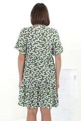 Abilia Mini Dress - Mandarin Collar Buttoned Bodice Smock Dress in Petra Print in Green