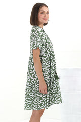 Abilia Mini Dress - Mandarin Collar Buttoned Bodice Smock Dress in Petra Print in Green