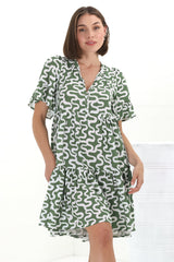 Abilia Mini Dress - Mandarin Collar Buttoned Bodice Smock Dress in Petra Print in Green