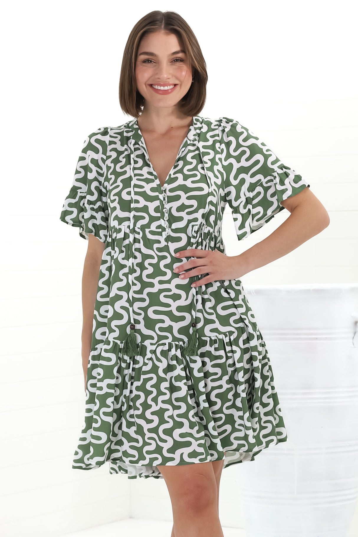 Abilia Mini Dress - Mandarin Collar Buttoned Bodice Smock Dress in Petra Print in Green