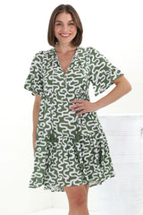 Abilia Mini Dress - Mandarin Collar Buttoned Bodice Smock Dress in Petra Print in Green