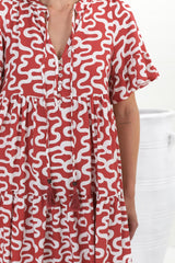 Abilia Mini Dress - Mandarin Collar Buttoned Bodice Smock Dress in Petra Print in Red